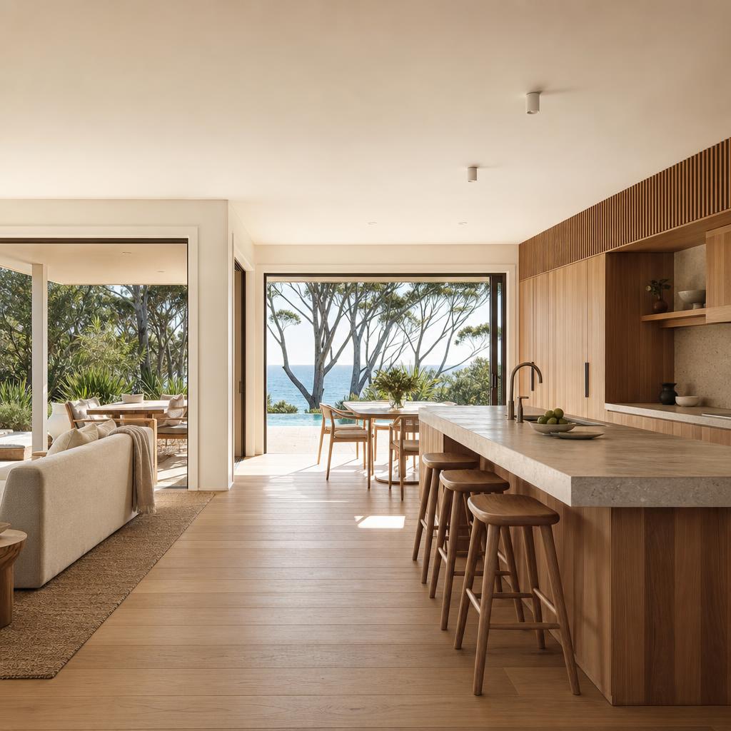 Light-filled Australian coastal interior with native timber floors and cabinetry