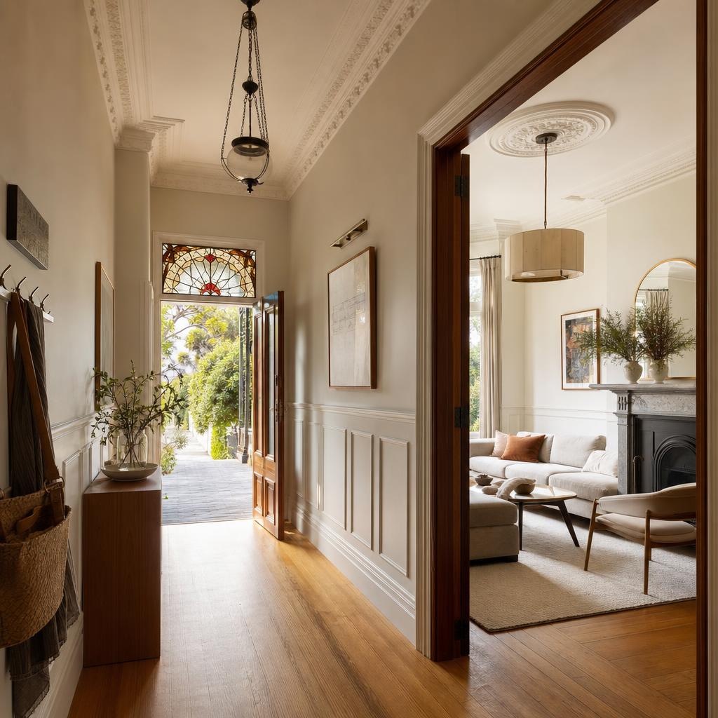 Renovated Sydney Federation home with stained glass, timber doors and modern wall panelling