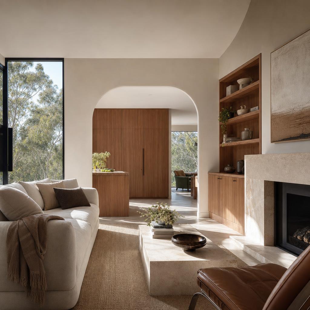 Sydney living room with warm timber built-in joinery and a curved plaster archway