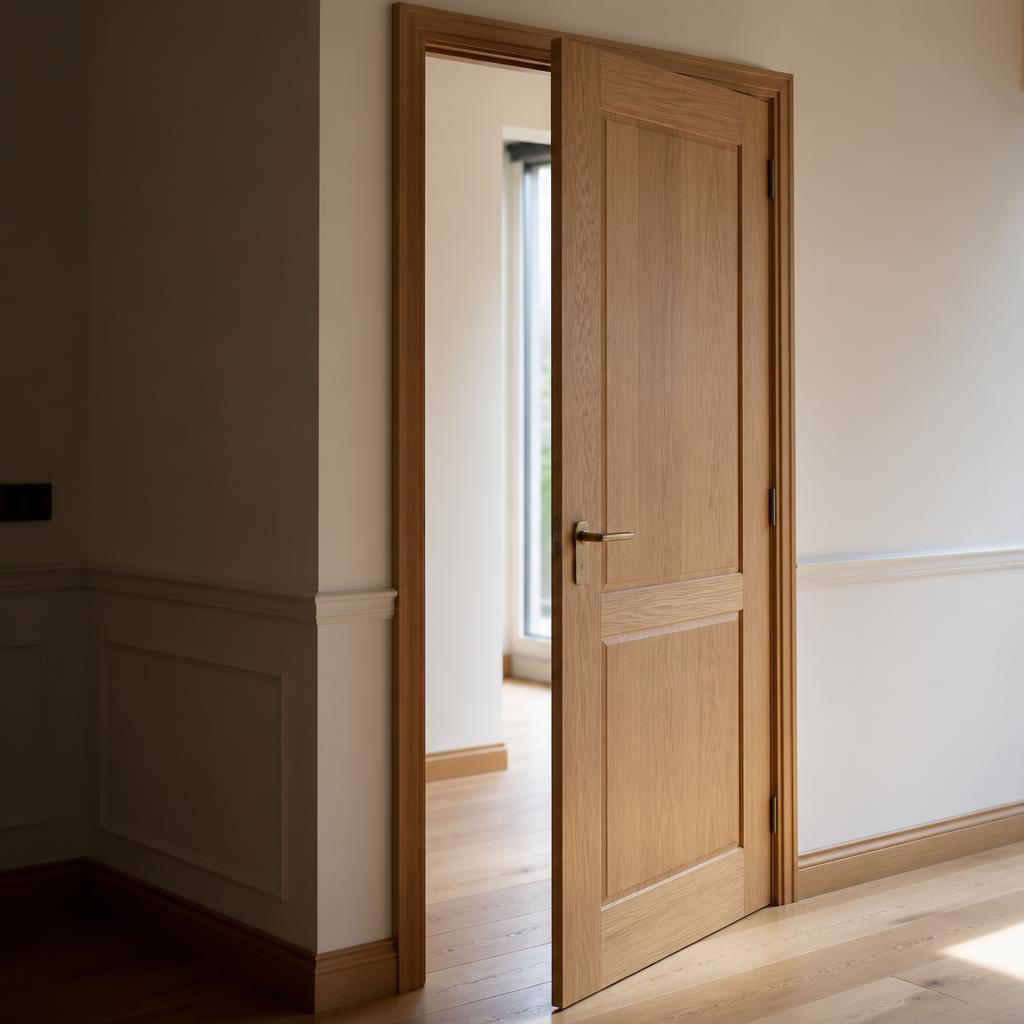 Natural oak interior door with bronze hardware and cleanly fitted trim