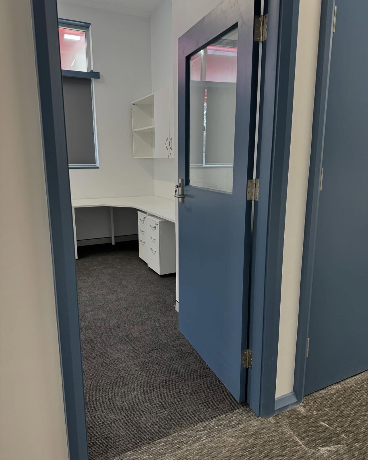 Deep blue timber door hung in a light-filled office fitout