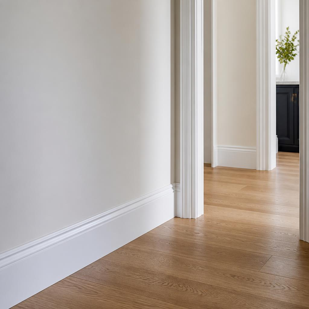 White skirting boards and detailed door architraves beside oak flooring